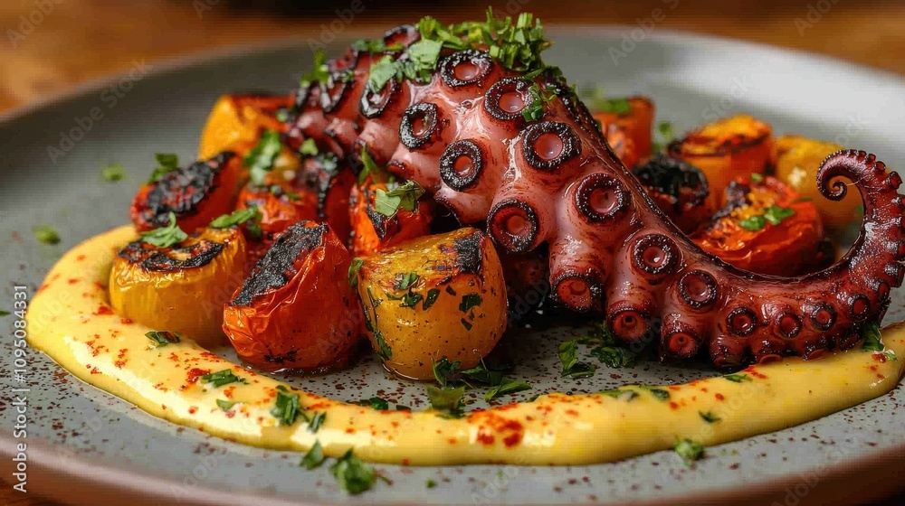 Grilled Octopus Served on a Plate with Colorful Roasted Vegetables and Creamy Sauce, Garnished with Fresh Herbs for a Gourmet Dining Experience Grilled Octopus Served on a Plate with Colorful Roasted Vegetables and Creamy Sauce, Garnished with Fresh Herbs for a Gourmet Dining Experience