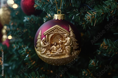 A colorful Christmas ornament hangs from a decorated Christmas tree photo