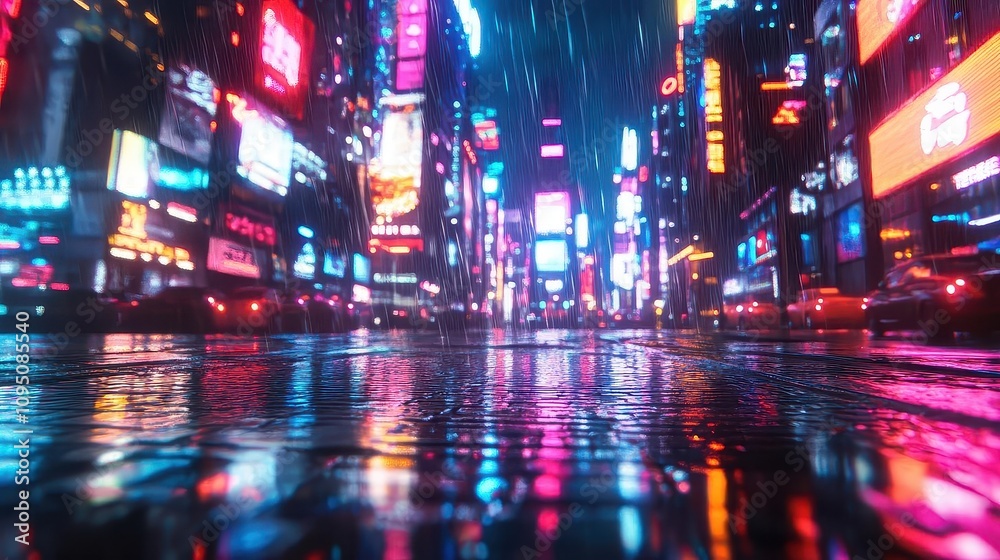 Neon City Lights Reflecting on Wet Pavement After Rain Neon City Lights Reflecting on Wet Pavement After Rain