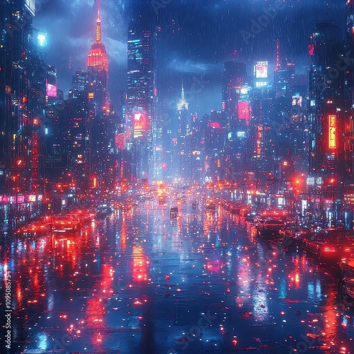 Cyberpunk Cityscape: Neon Lights Reflecting on Wet Streets in a Rainy Night