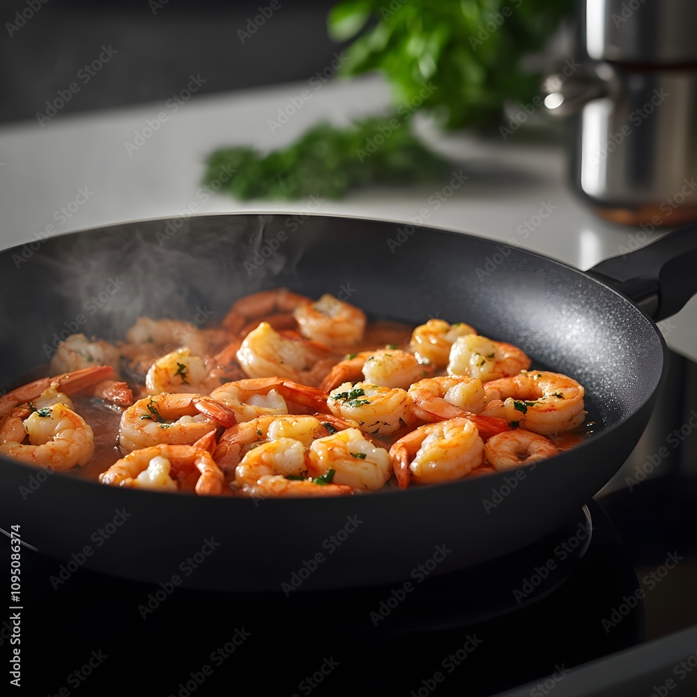 A pan of shrimp is cooking in a skillet A pan of shrimp is cooking in a skillet
