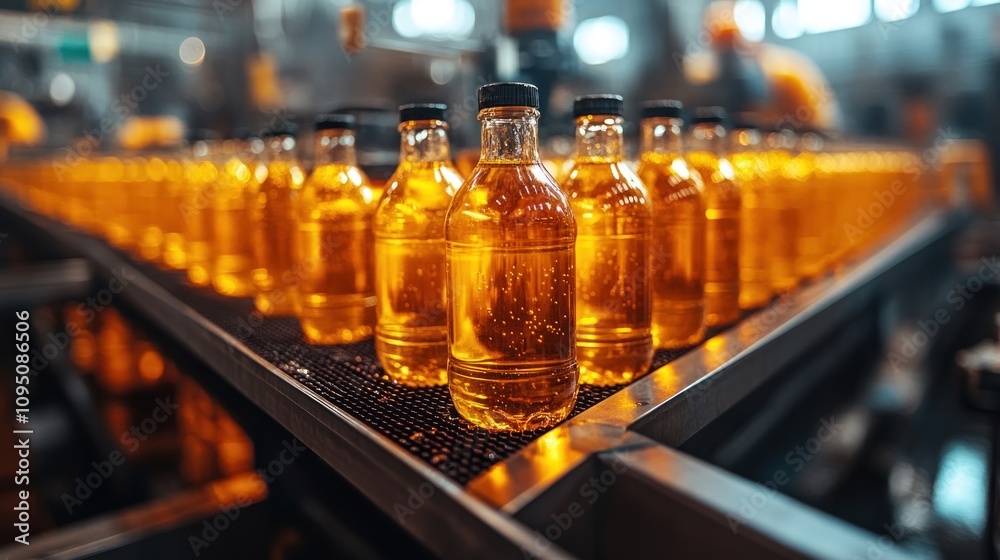 Bottles on a Conveyor Belt in a Factory Bottles on a Conveyor Belt in a Factory