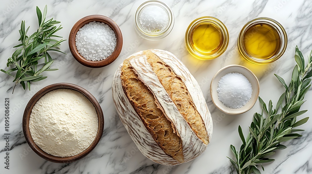 A vibrant overhead view of whole wheat flour, rye flour, olive oil, and sea salt, arranged neatly on a marble countertop with a golden loaf of bread as the focal point, A vibrant overhead view of whole wheat flour, rye flour, olive oil, and sea salt, arranged neatly on a marble countertop with a golden loaf of bread as the focal point,