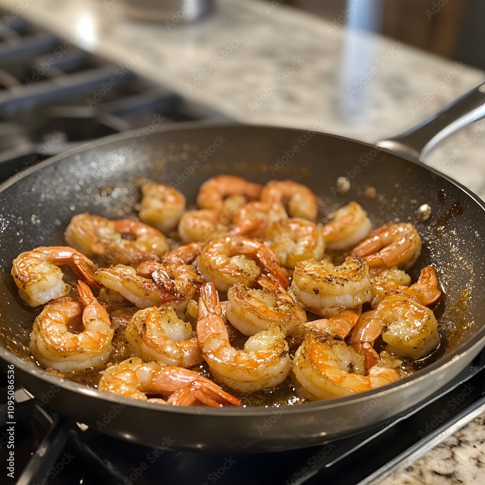 A pan of shrimp is cooking in a skillet A pan of shrimp is cooking in a skillet