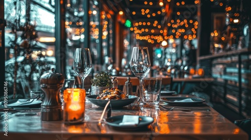 Cozy and Romantic Restaurant Interior with Dim Lighting, Elegant Table Setting, and Warm Atmosphere Ideal for Intimate Dinners and Special Occasions