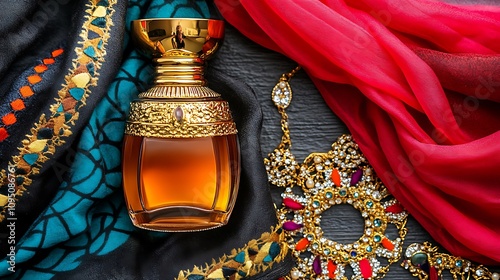 Ornate Gold Perfume Bottle with Colorful Fabrics and Jewelry