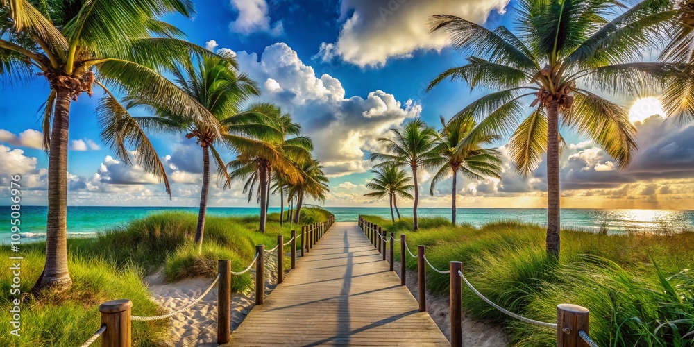 Serene Pathway to Miami Beach: A Tranquil Journey Through Lush Palm Trees and Soft Sand Leading to Crystal-Clear Waters Under a Bright Blue Sky