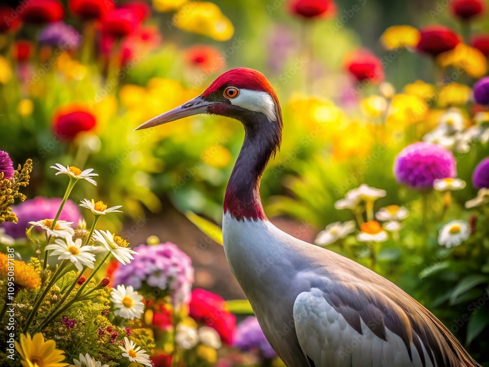 Naklejka premium Serene Portrait of a Crane Surrounded by Lush, Colorful Flowers in a Tranquil Natural Setting, Highlighting the Beauty of Wildlife and Flora in Harmony