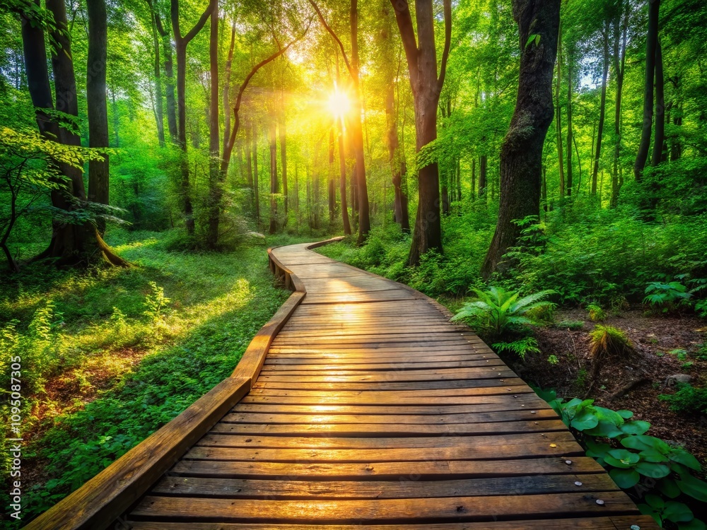 Fototapeta premium Serene Rustic Wooden Pathway Through Lush Green Foliage in a Tranquil Forest Setting Perfect for Nature Lovers and Outdoor Enthusiasts