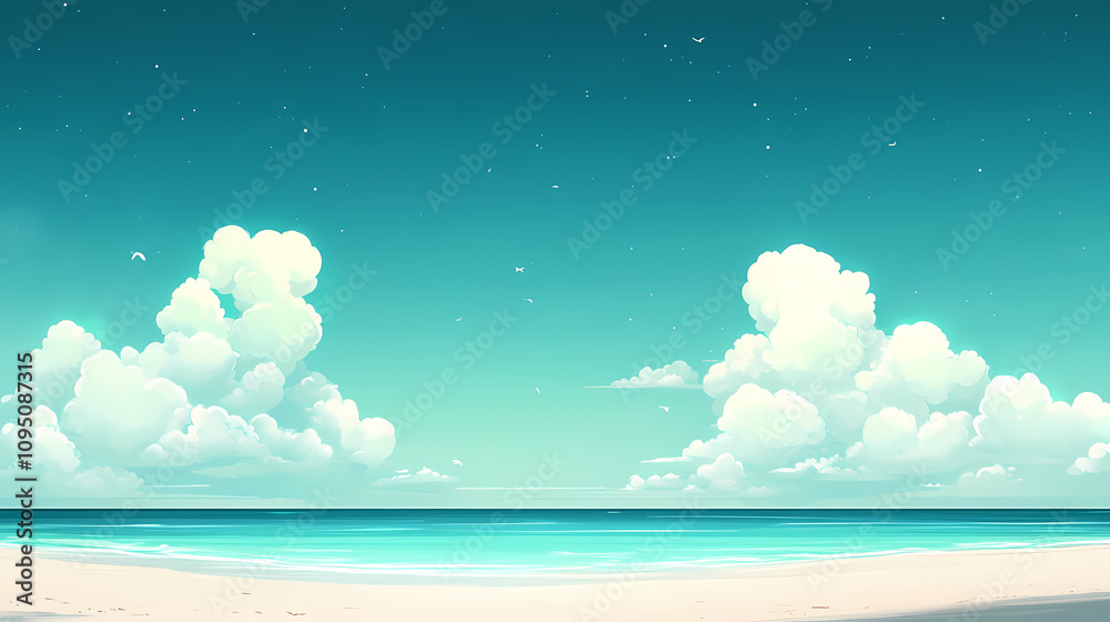 Tranquil turquoise water beach with clear sky and white clouds for summer vacation travel. Cerulean Sky Dreams. Illustration Tranquil turquoise water beach with clear sky and white clouds for summer vacation travel. Cerulean Sky Dreams. Illustration