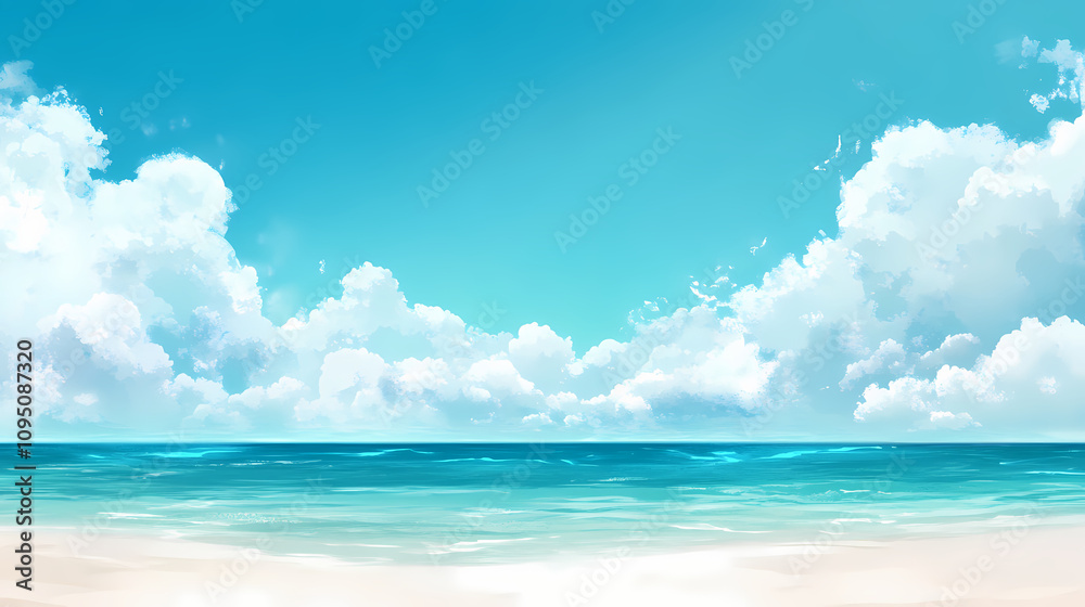 Tranquil turquoise water beach with clear sky and white clouds for summer vacation travel. Cerulean Sky Dreams. Illustration Tranquil turquoise water beach with clear sky and white clouds for summer vacation travel. Cerulean Sky Dreams. Illustration
