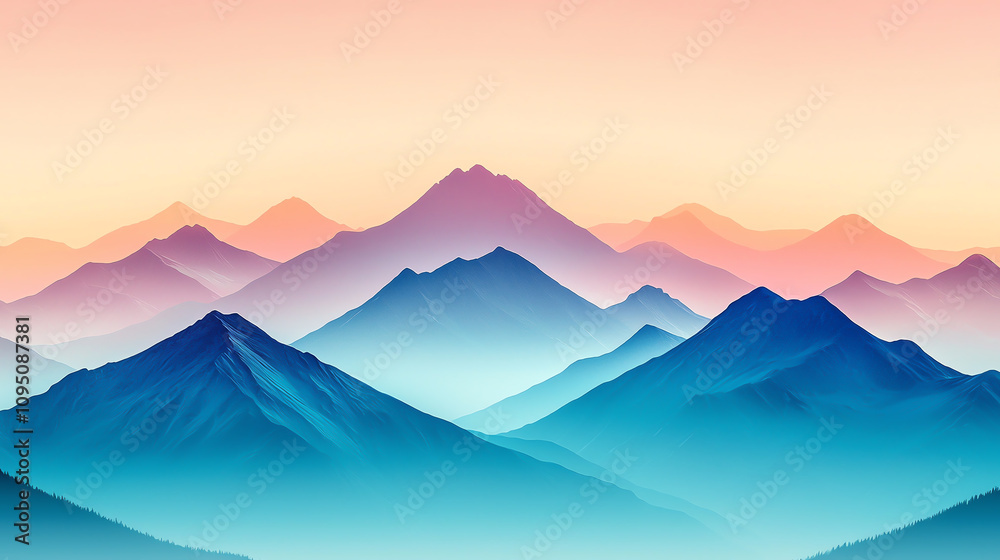 Majestic mountains with layered blue peaks under pastel sky create serene landscape. high altitude view evokes sense of tranquility and wonder Majestic mountains with layered blue peaks under pastel sky create serene landscape. high altitude view evokes sense of tranquility and wonder