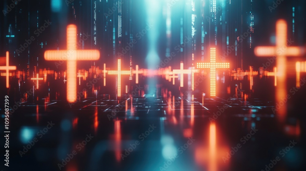 Fototapeta premium Digital Crosses: A Neon Landscape of Faith in the Digital Age