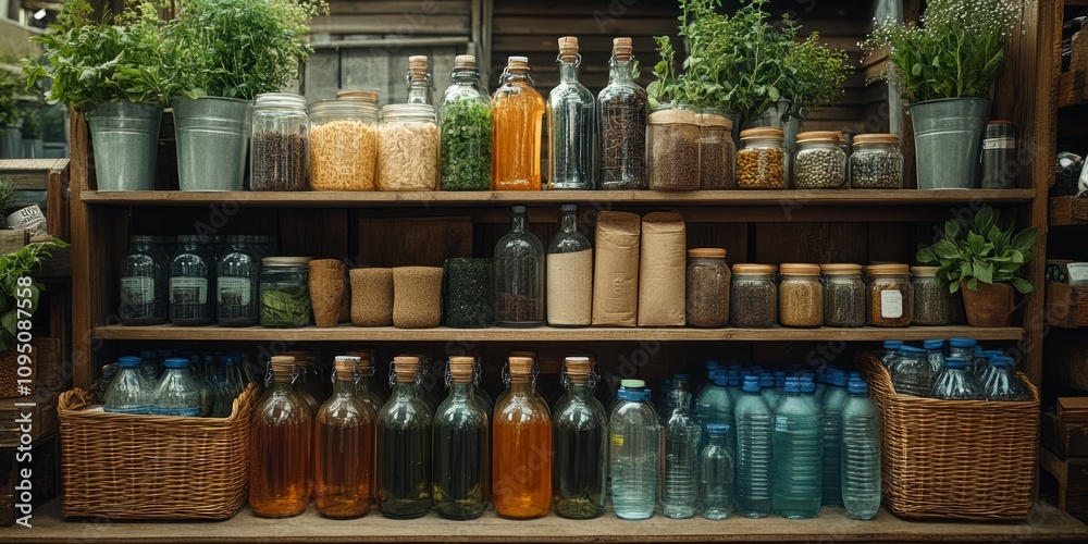Shelves hold neatly organized herbs and grains in glass jars, inviting visitors to explore a world of natural flavors