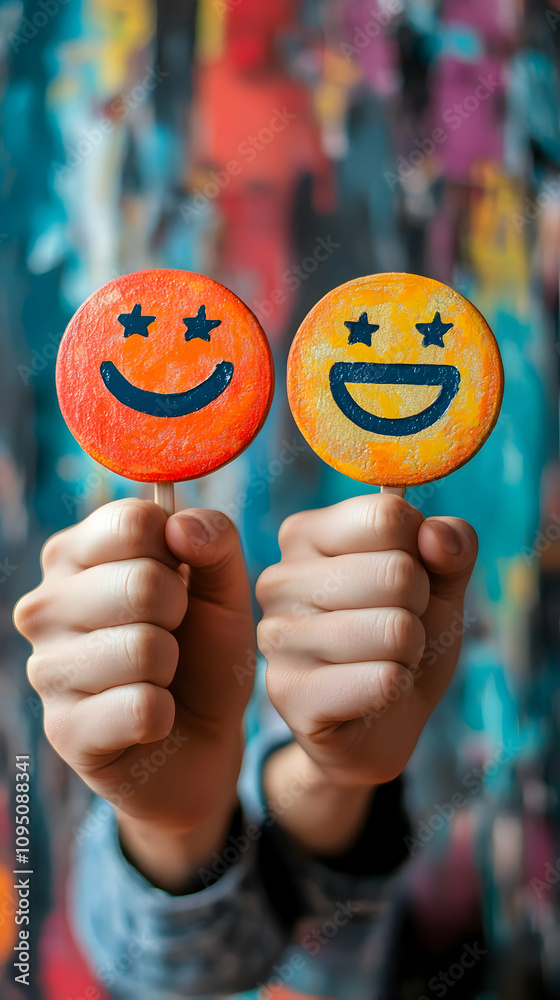 Photo Two Hands Holding Painted Smiley Face Lollipops Abstract Background Photo Two Hands Holding Painted Smiley Face Lollipops Abstract Background