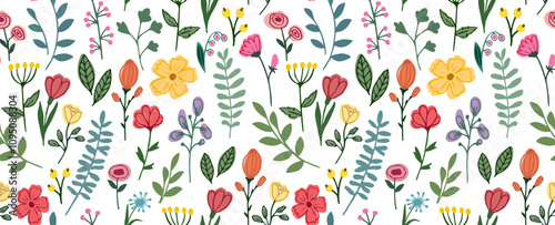 Colorful floral design elements of meadow and garden on seamless background. Doodle pattern hand drawn flowers, foliage, branches. Vector illustration on a white background.