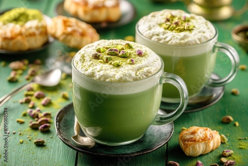 Two cups filled with green liquid, perfect for a refreshing drink photo