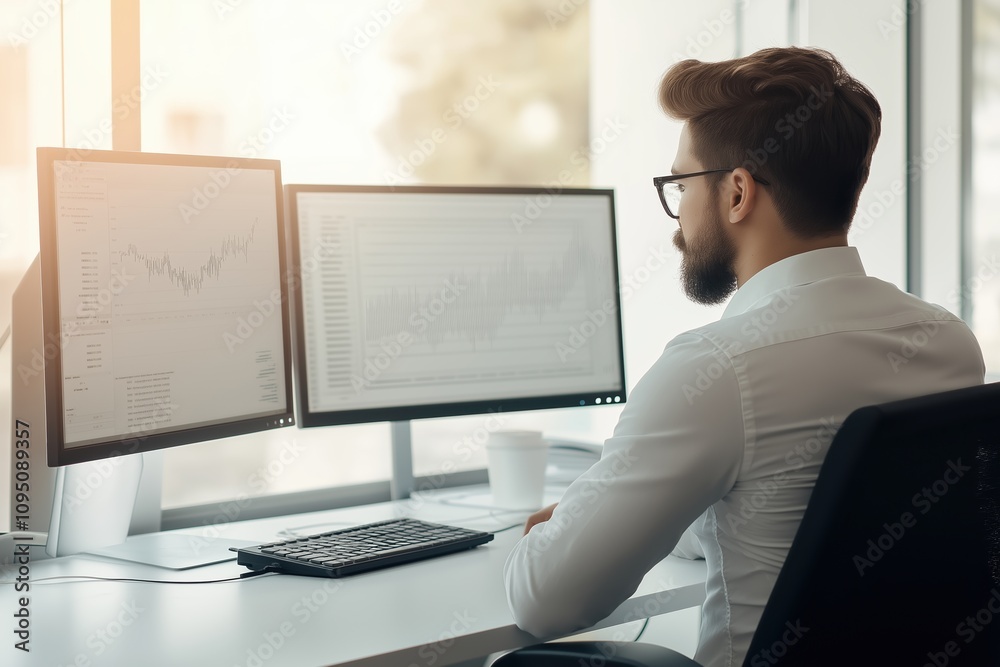 Man sitting at desk in office, working on computer. Two monitors displaying data and graphs Man sitting at desk in office, working on computer. Two monitors displaying data and graphs