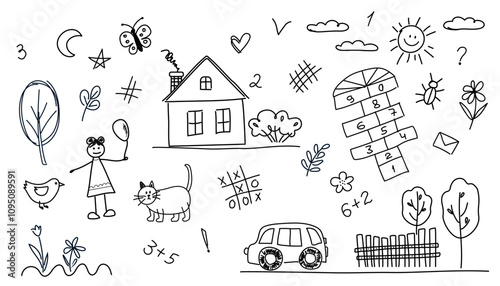 Children's drawings. Elements for the design of banners, wallpapers, products for children. Drawing for kindergarten. Kids doodle set on white background