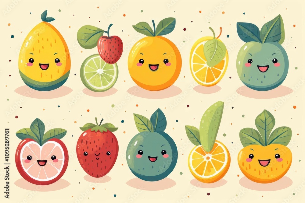 Cute Fruit Characters with Smiling Faces Cute Fruit Characters with Smiling Faces
