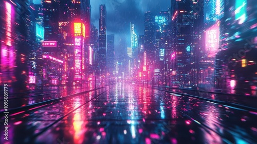 Neon Lights Reflect on Wet Pavement in a Futuristic Cityscape