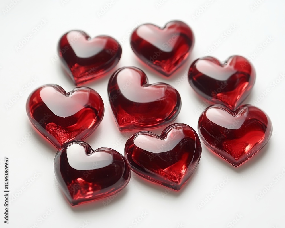Fototapeta premium Valentine's Day Hearts: Adorable Anime Style Red Glass Hearts on White Background