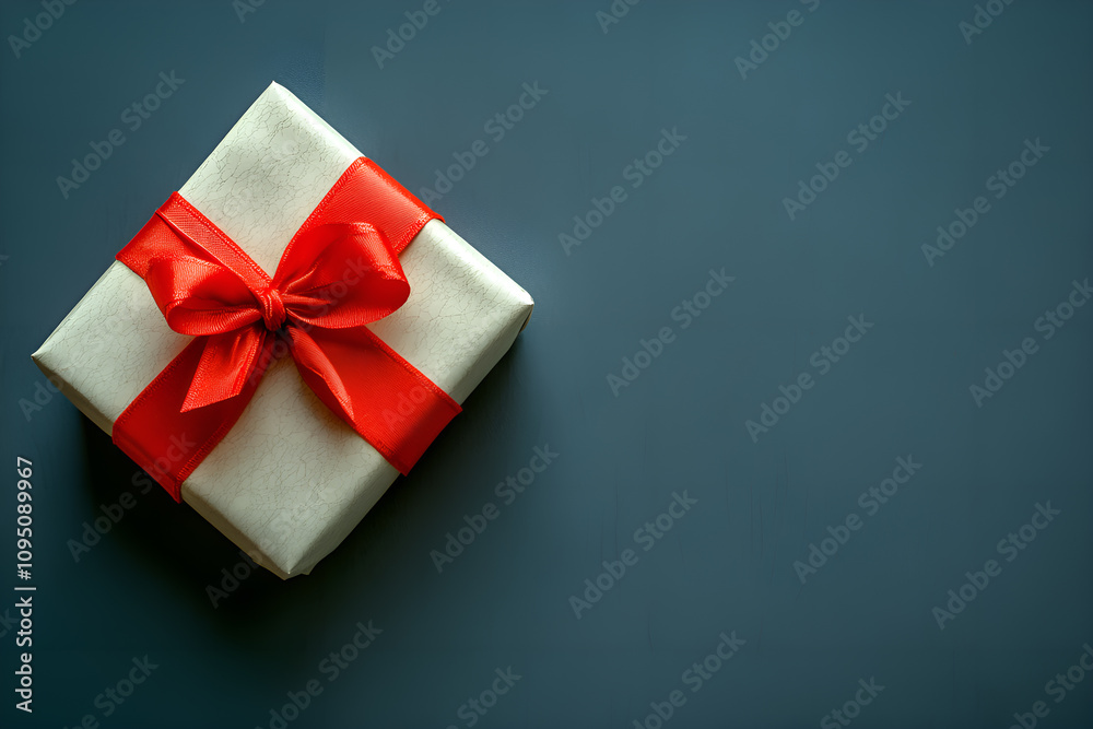 White paper gift box with red ribbon, banner, 2/3 space for text White paper gift box with red ribbon, banner, 2/3 space for text