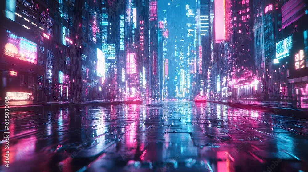 Neon Cityscape in the Rain: Cyberpunk City at Night with Glowing Lights