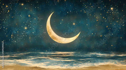 A glowing crescent moon rests on a sandy beach with sparkling stars and a serene night sky backdrop. Cerulean Sky Dreams. Illustration