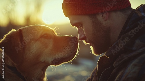 Veterinarian looking into a dog's eyes while comforting it during a routine exam Stock Photo with side copy space photo