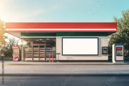 A clean, white rectangular board positioned near the entrance of a convenience store, ideal for branding purposes