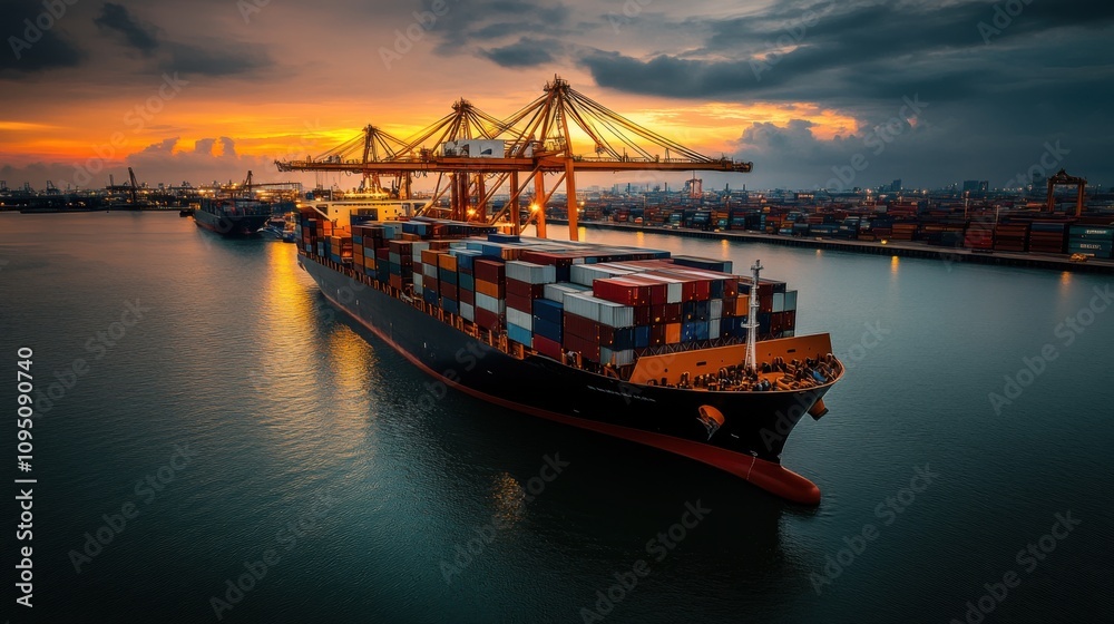 Obraz premium Modern Container Ship Docking at Sunset