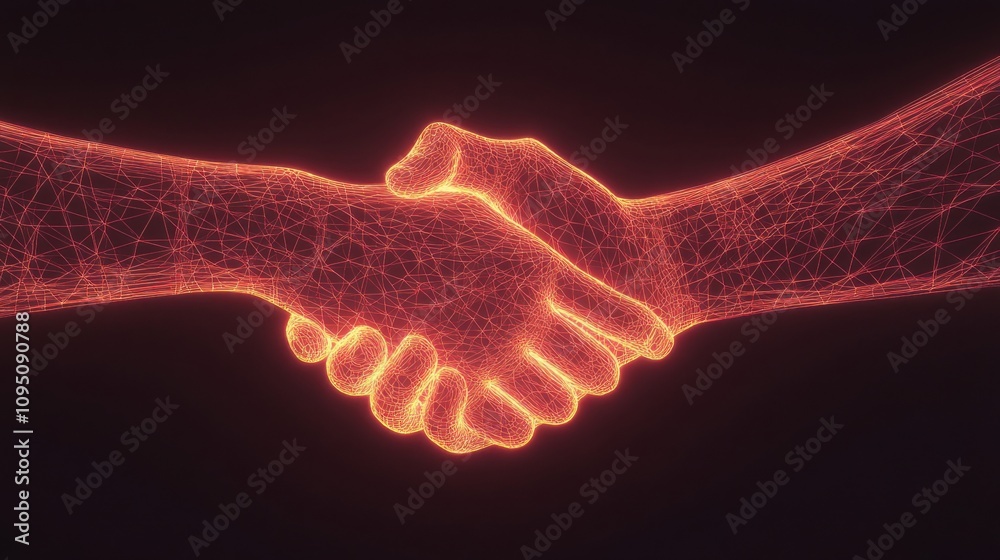 Wireframe glowing hands performing a handshake, symbolizing trust and business collaboration Wireframe glowing hands performing a handshake, symbolizing trust and business collaboration