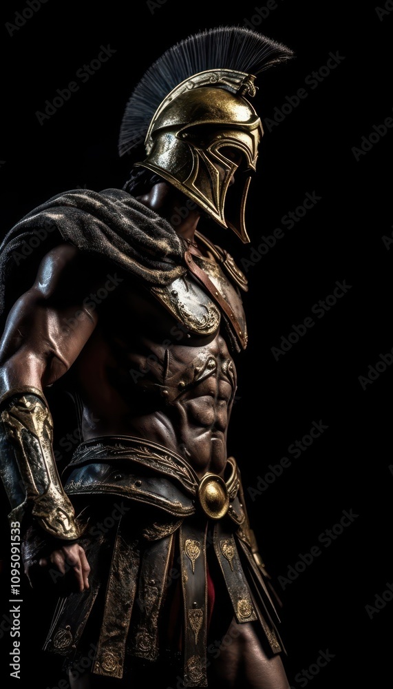 Obraz premium Powerful Spartan Warrior in Golden Armor with Dramatic Lighting on Black Background