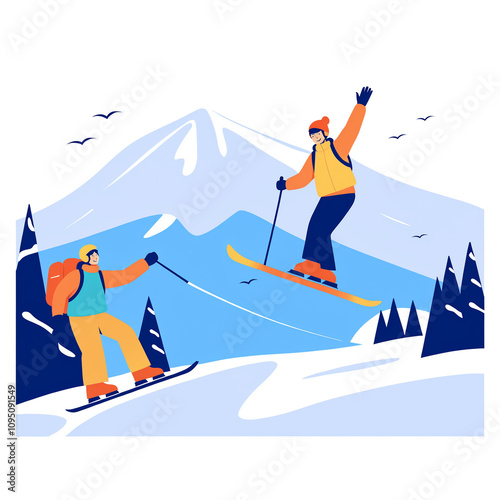 Set of skiers isolated on white background. Skier rides, jumps, slides in mountains. Ski actions: downhill, slalom, freeride, ski jumping, freestyle. Skiing in winter Alps. Vector illustration