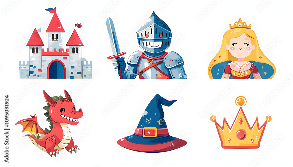 Fototapeta premium Happy Castle, Knight with a Grin, Smiling Princess, Playful Dragon, Cheerful Wizard Hat, Winking Crown