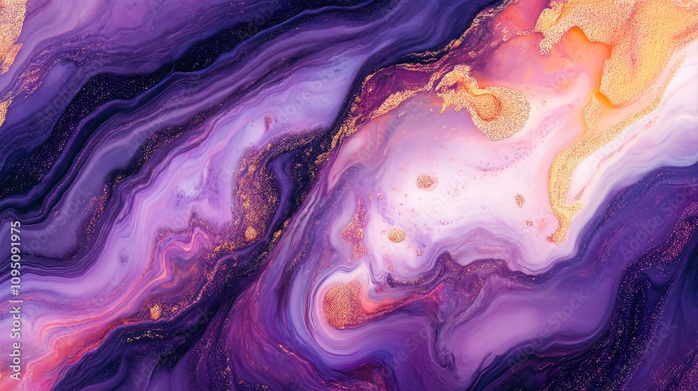 Abstract purple, gold, and white marble texture with swirling patterns and gold flecks. Abstract purple, gold, and white marble texture with swirling patterns and gold flecks.
