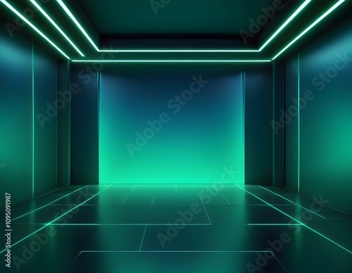 Blue-green gradient studio room, abstract background pattern, walls and floor reflect neon lights, dark tones and feel speed of digital technology connected blue-green background. Future technology.