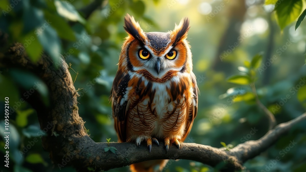 Drone's-eye view showcases a brown owl amidst dense forest.
