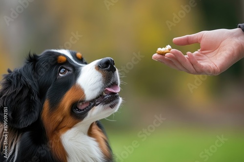 A person holding a bowl and feeding a dog, a moment of care and companionship photo