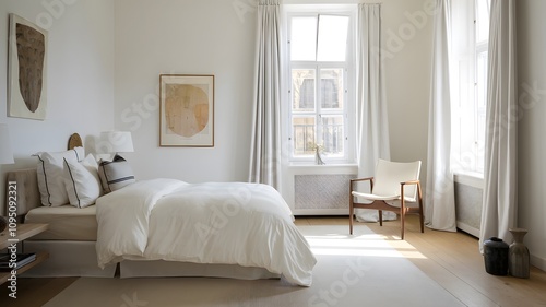 Scandinavian Minimalist Bedroom with Large Windows and Light Tones