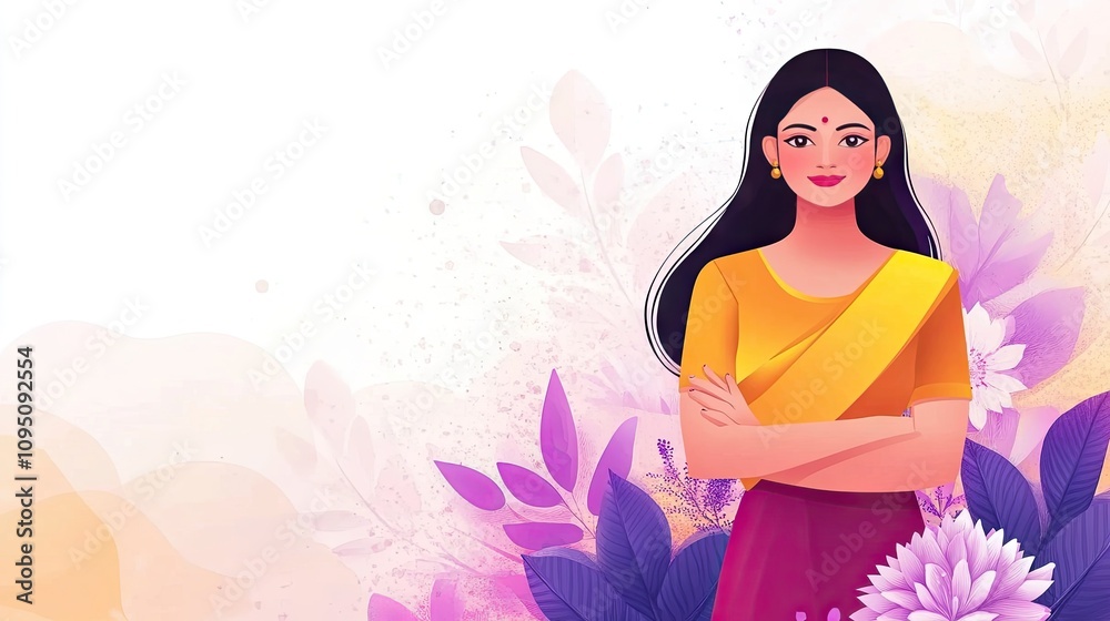 Woman in Traditional Attire Surrounded by Vibrant Flowers and Leaves Illustrating Beauty and Grace in a Modern Artistic Style Woman in Traditional Attire Surrounded by Vibrant Flowers and Leaves Illustrating Beauty and Grace in a Modern Artistic Style