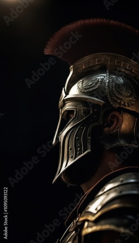Side Profile of a Spartan Warrior in Golden Armor with Dramatic Lighting on Black Background