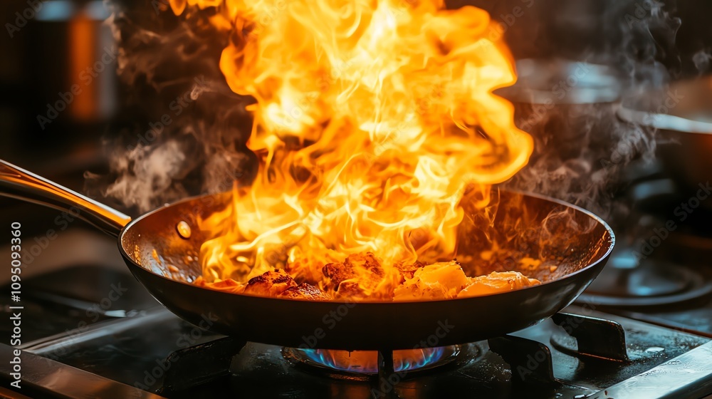A sizzling pan filled with flames, capturing the intensity of cooking in a vibrant kitchen setting. A sizzling pan filled with flames, capturing the intensity of cooking in a vibrant kitchen setting.