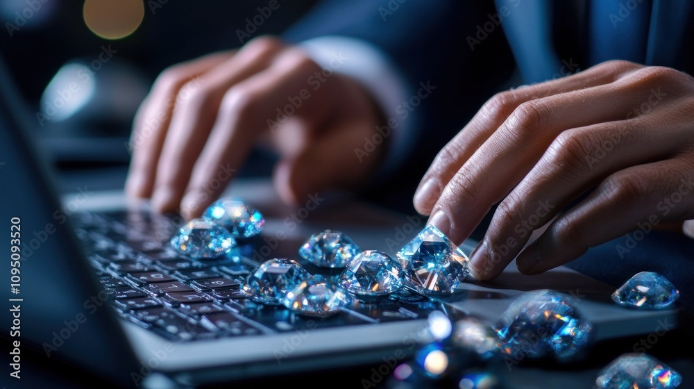 Luxury Diamond Online Business: A Man's Hands Carefully Arranging Sparkling Gems on Laptop Keyboard Luxury Diamond Online Business: A Man's Hands Carefully Arranging Sparkling Gems on Laptop Keyboard