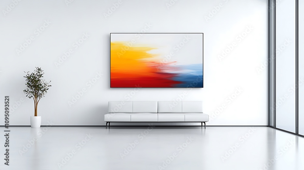 Fototapeta premium A large, minimalist living space with white walls, clean lines, and a single vibrant painting hanging on the wall, providing a striking contrast with the rest of the room. Ultra-Realistic, Photo 
