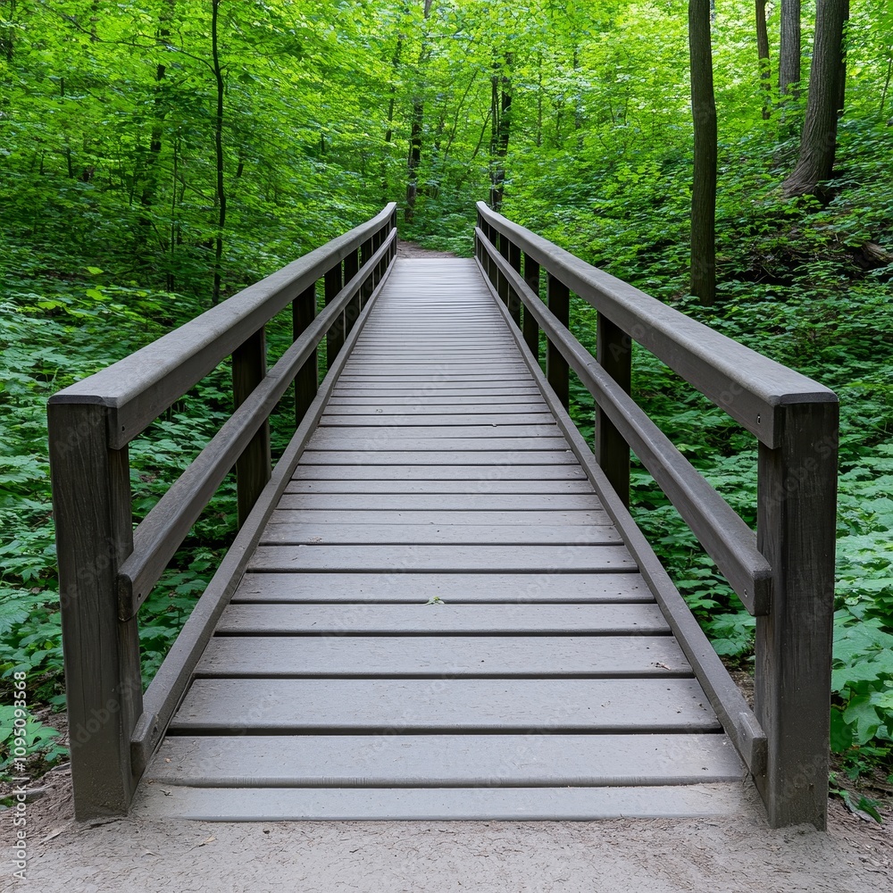 Wooden Footbridge Trail Path in Lush Green Forest Wooden Footbridge Trail Path in Lush Green Forest