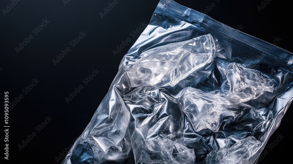 A crumpled clear plastic bag filled with ice cubes against a dark background. A crumpled clear plastic bag filled with ice cubes against a dark background.