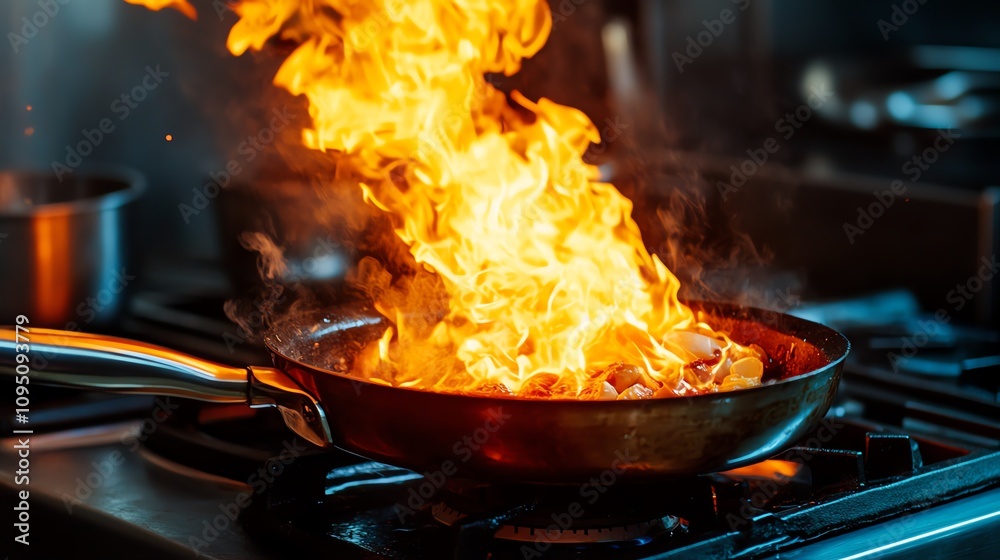 A vibrant image of flames engulfing a pan while cooking, showcasing the intensity and excitement of culinary techniques. A vibrant image of flames engulfing a pan while cooking, showcasing the intensity and excitement of culinary techniques.