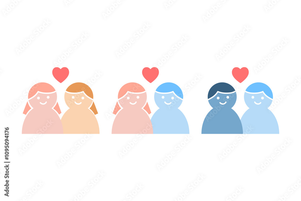 Set of loving heterosexual and homosexual couple cartoon character. Diversity, love relationship, romantic dating, LGBT community concepts. Flat glyph people vector design isolated illustration. Set of loving heterosexual and homosexual couple cartoon character. Diversity, love relationship, romantic dating, LGBT community concepts. Flat glyph people vector design isolated illustration.